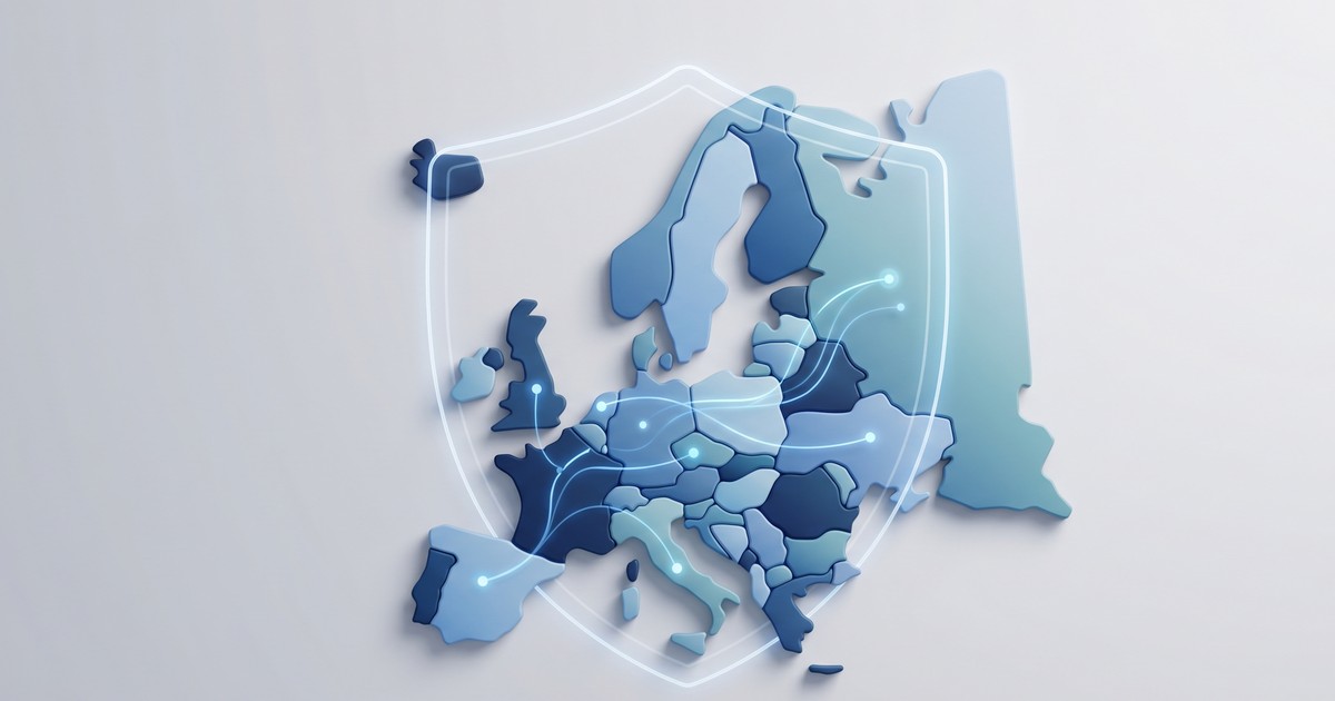 Map of Europe behind a protective shield with connection lines, representing EU data residency for AI
