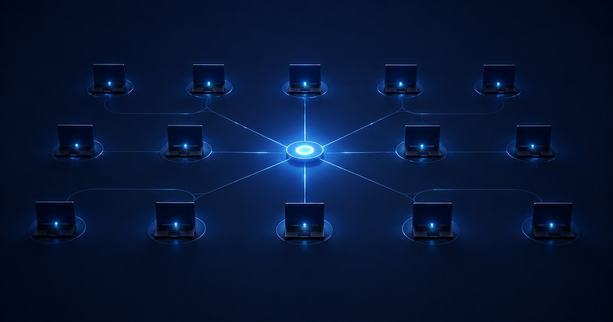Glowing network hub linking a fleet of laptops, representing Harriet Endpoint AI on every employee desktop