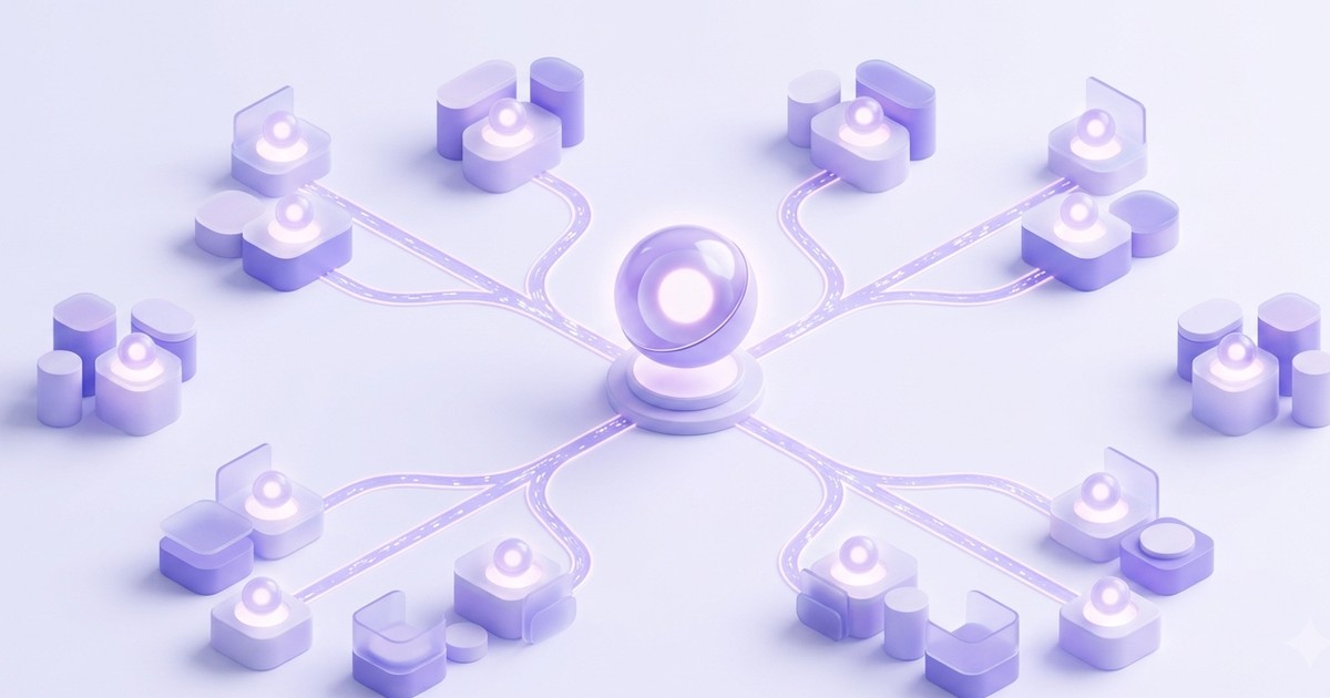 Central glowing orb linked to clusters of modules, illustrating one AI skill deployed across many teams