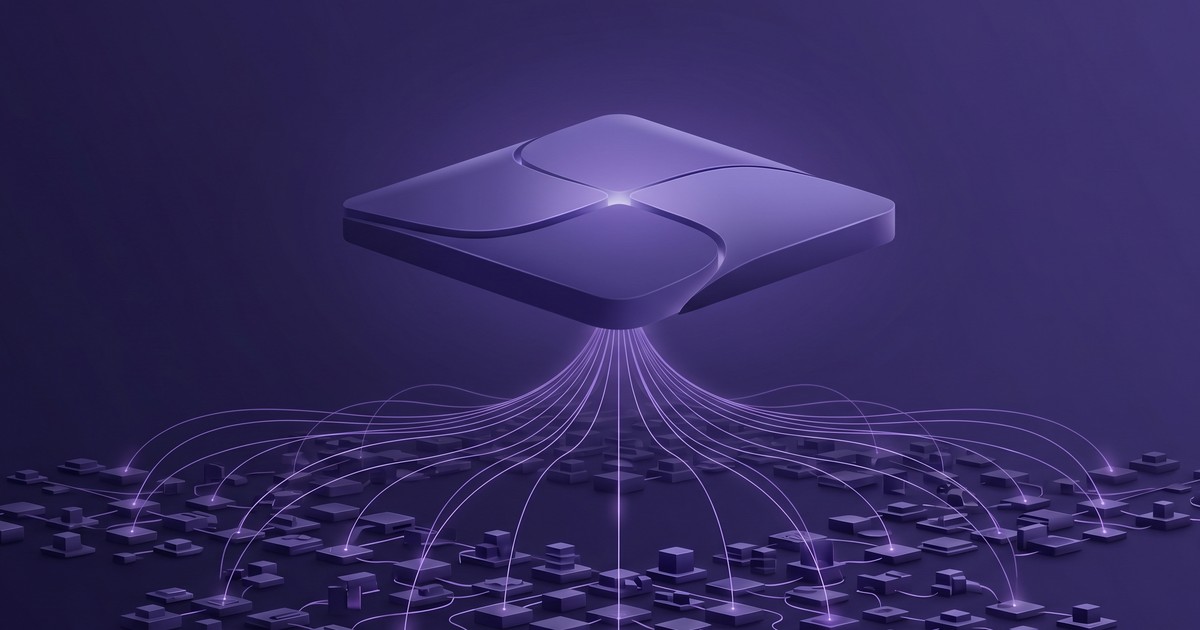 A control surface floating above a dense network of connected systems, representing the AI control plane